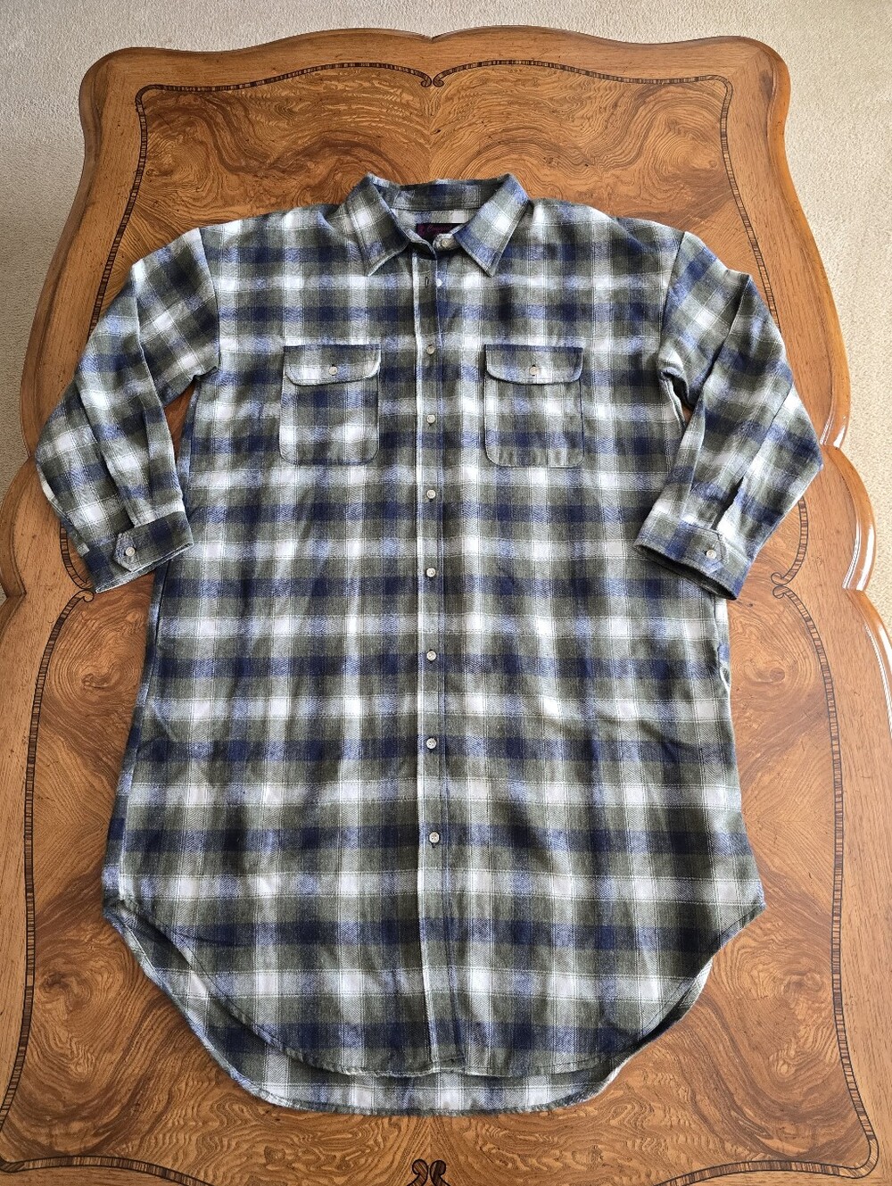 Cowgirl Legend Plaid Shirt Dress Womens Size XL Olive/Navy Plaid Pockets Cozy